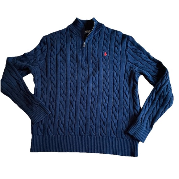 Polo Ralph Lauren Sweater Mens XL Navy Cable Knit Half Zip Mock Neck Pony Logo - Picture 2 of 6